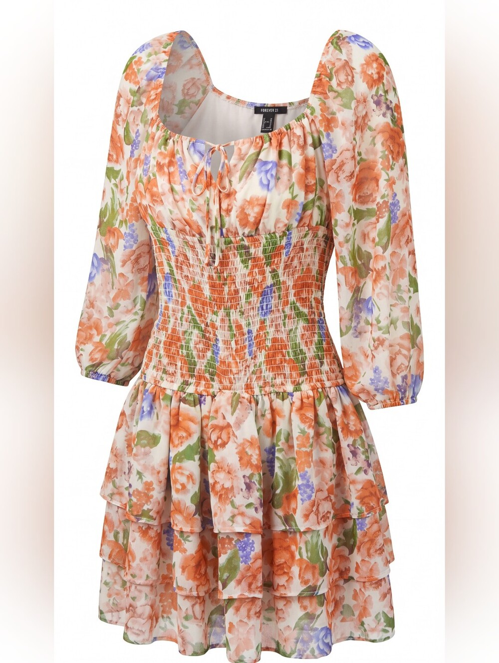 Forever 21 Cream Floral Smocked Peasant Dress Top with Orange & Green Print